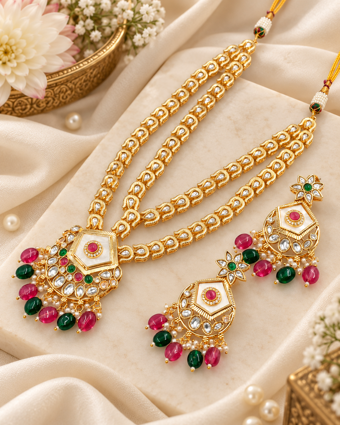 Traditional Kundan Layered Jewellery Set Drops Necklace With Earrings For Woman